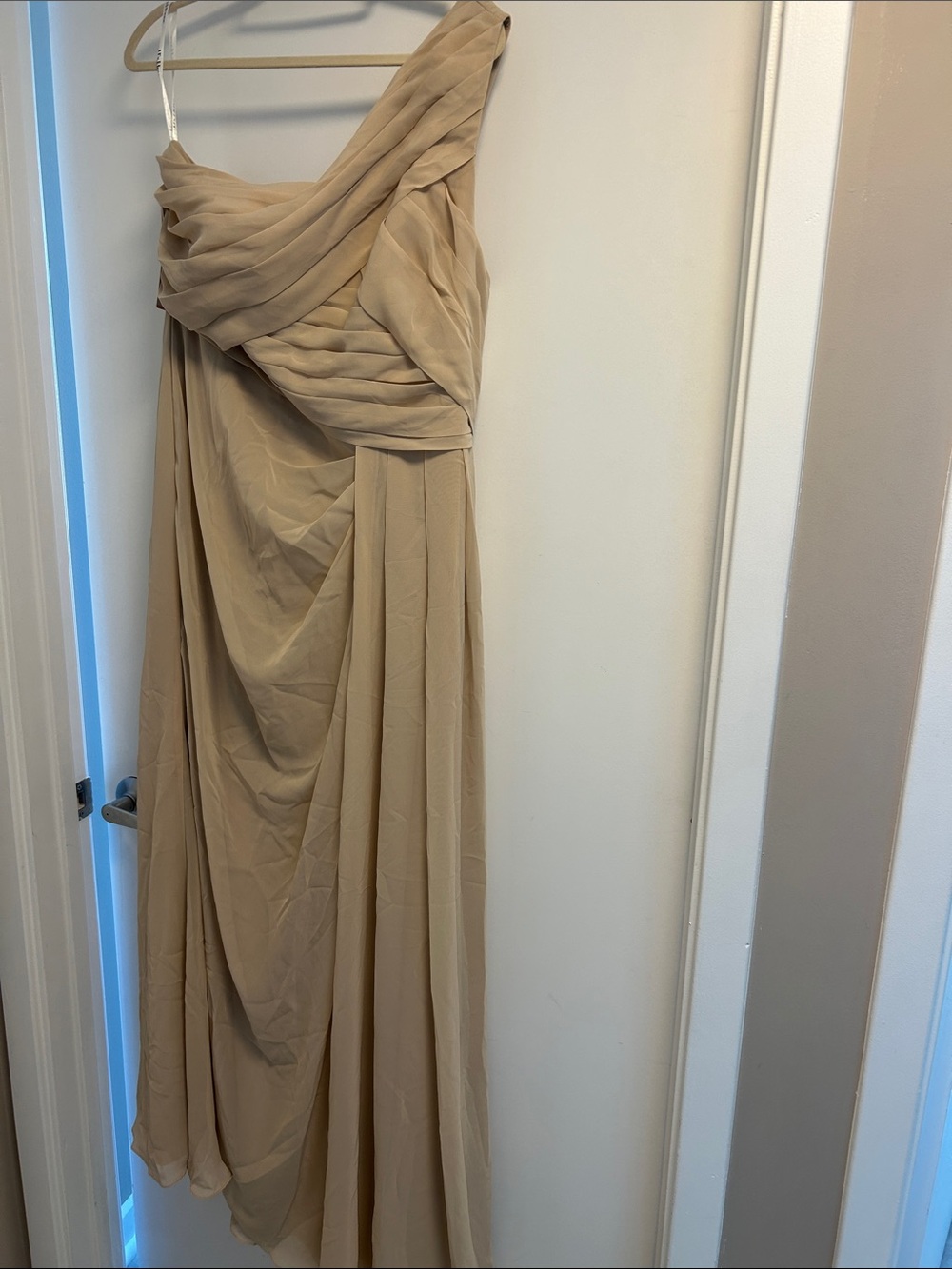 JJs House One-Shoulder Draped Evening Gown in Beige